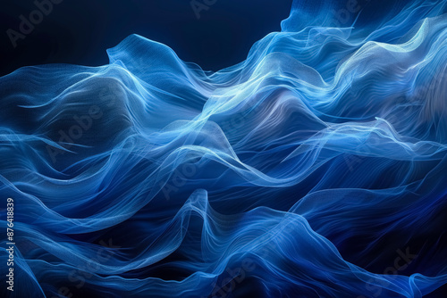 Abstract digital illustration of dynamic waves of different shades of blue on a deep black background