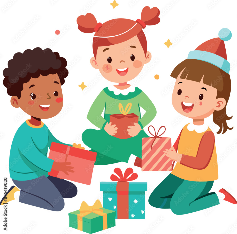 Children Joyfully Unwrapping Christmas Presents Together Children Joyfully Unwrapping Christmas Presents Together