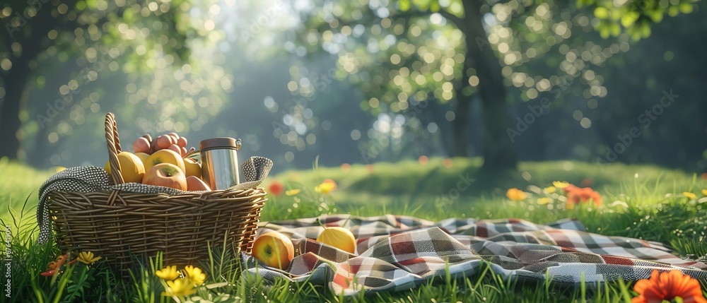 A detailed shot of a picnic blanket spread out on green grass, with a wicker basket, fruits, and a thermos, inviting relaxation on a sunny day, high detail A detailed shot of a picnic blanket spread out on green grass, with a wicker basket, fruits, and a thermos, inviting relaxation on a sunny day, high detail