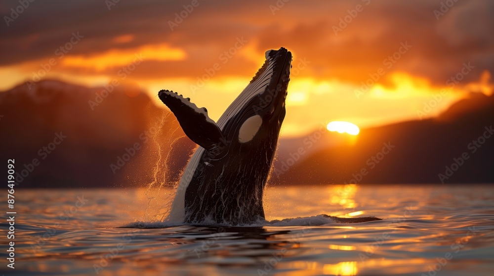 Fototapeta premium Whale breaching at sunset in Alaska