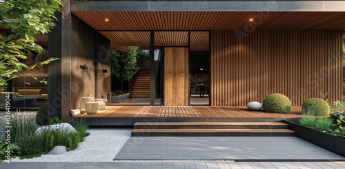 Modern Home Entrance With Wooden Deck and Patio