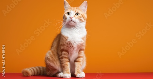 Cute red cat sitting on orange background and looking at camera.