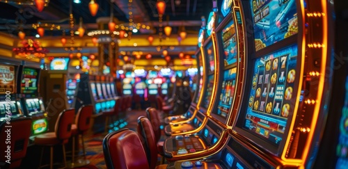 Brightly Lit Casino Slot Machines in a Row