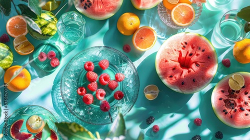 Vibrant summer picnic setup on a turquoise background with fresh fruits like watermelon, berries, and citrus, elegant glassware, and natural shadows. photo