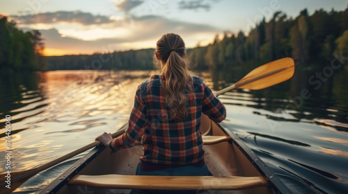 young man paddling a canoe in the center of the lake generative ai