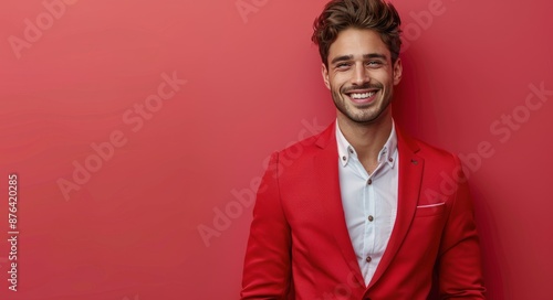 Smiling Man Wearing Red Blazer Against Red Wall
