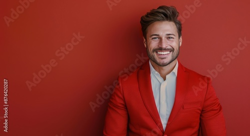 Smiling Man Wearing Red Blazer Against Red Wall
