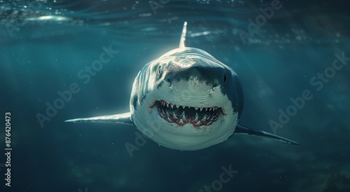 Great White Shark Swimming Underwater in Blue Ocean