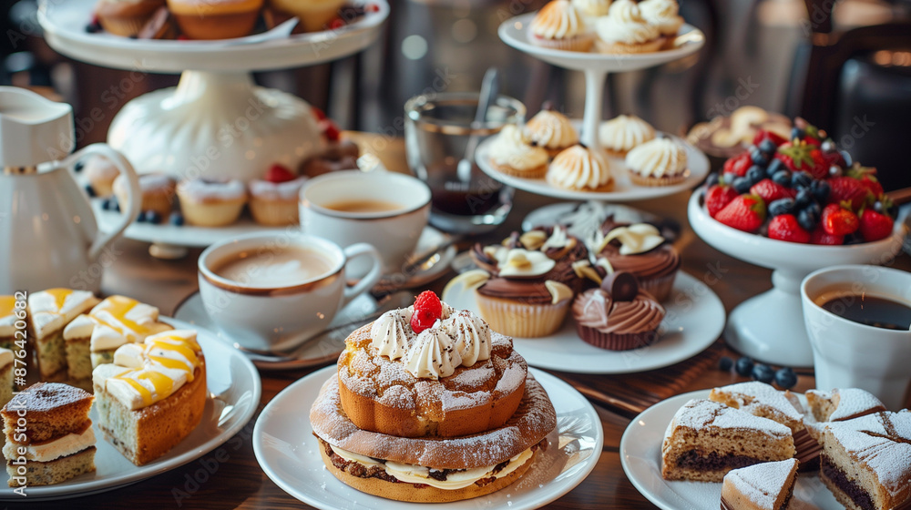 Table full of cakes, coffee Table full of cakes, coffee