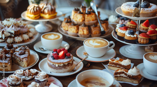 Table full of cakes, coffee