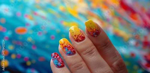 Close Up of Hand With Colorful Nail Polish Against Blue and Yellow Background