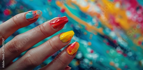 Close Up of Hand With Colorful Nail Polish Against Blue and Yellow Background