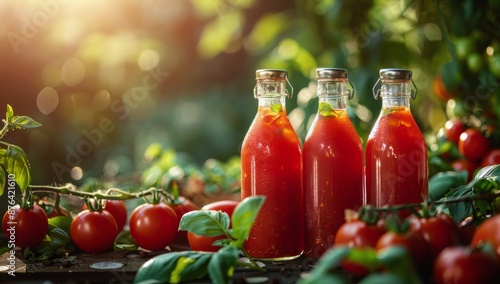 Fresh Tomato Juice Bottles With Ripe Tomatoes and Basil on Wooden Table