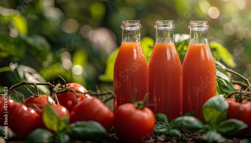 Fresh Tomato Juice Bottles With Ripe Tomatoes and Basil on Wooden Table