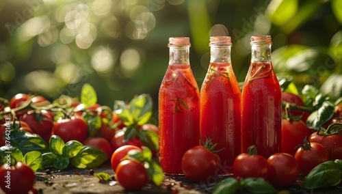 Fresh Tomato Juice Bottles With Ripe Tomatoes and Basil on Wooden Table