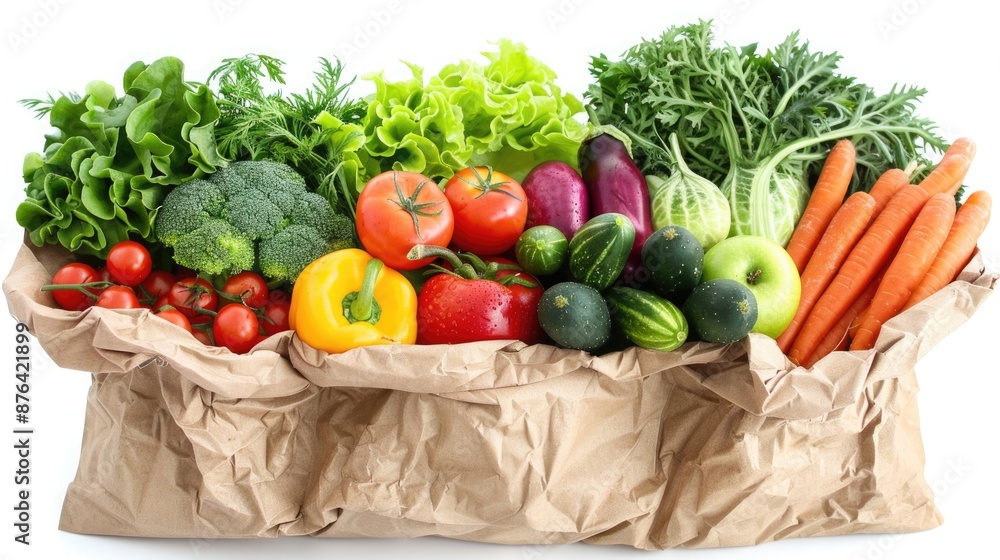 Sustainable Grocery Shopping with Recyclable Paper Bag of Fresh Organic Produce on White Background Sustainable Grocery Shopping with Recyclable Paper Bag of Fresh Organic Produce on White Background