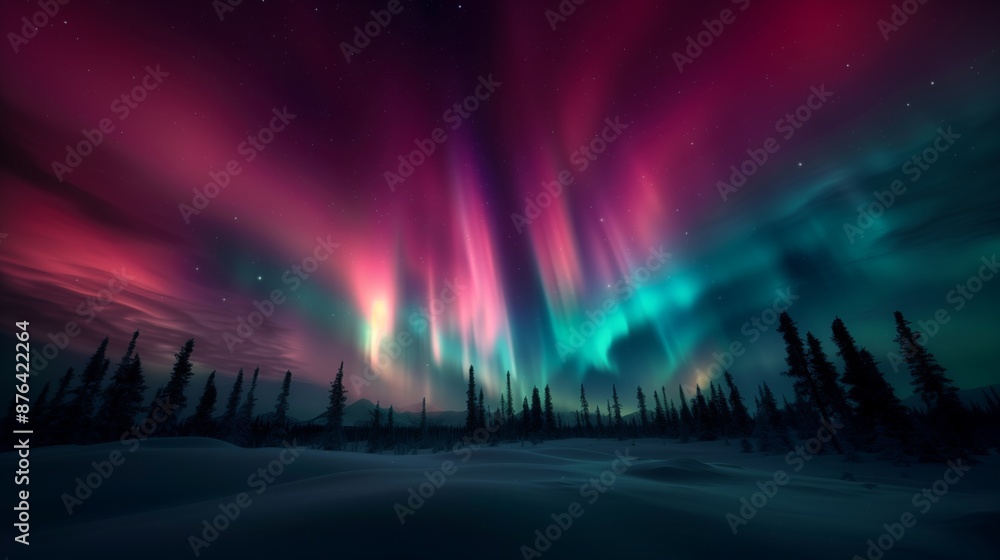 Fototapeta premium Aurora lights illuminate snowy Alaska forest at night