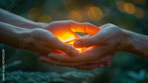 Two Hands Holding A Small Flame In The Evening