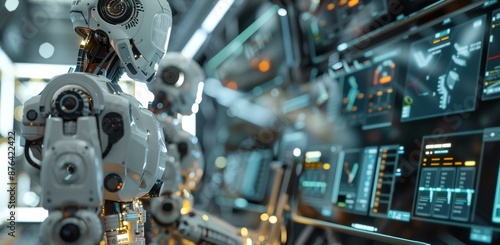 Futuristic Robotic Arms Interact in a High-Tech Laboratory Setting