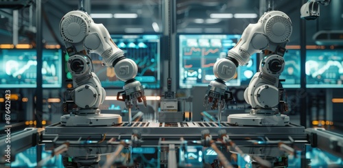 Futuristic Robotic Arms Interact in a High-Tech Laboratory Setting