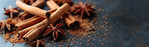 Close Up of Cinnamon Sticks and Star Anise on a Dark Surface