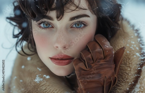 Woman in Fur Coat With Brown Gloves on a Snowy Day