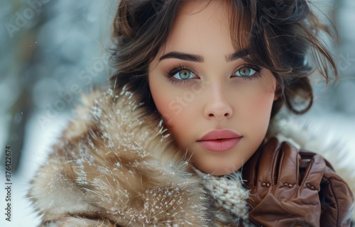 Woman in Fur Coat With Brown Gloves on a Snowy Day