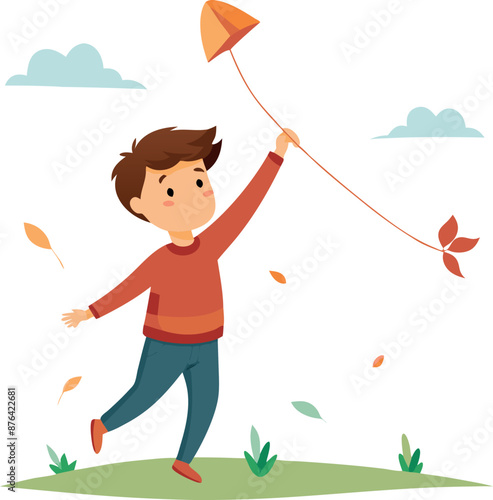 Boy Flying Kite In Field On A Windy Day