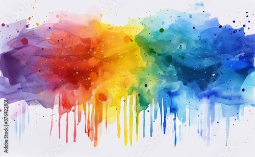 Abstract Watercolor Rainbow Splashes And Drips On White Background