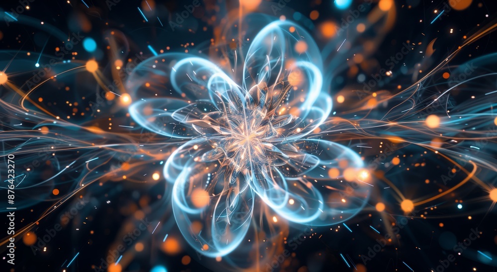 A glowing and transparent abstract flower pattern on a black background. A glowing and transparent abstract flower pattern on a black background.