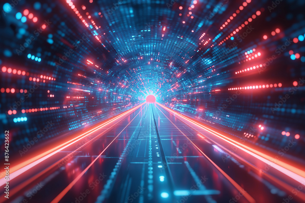 Obraz premium Futuristic technology cyber light tunnel showcasing speed with neon digital data grid