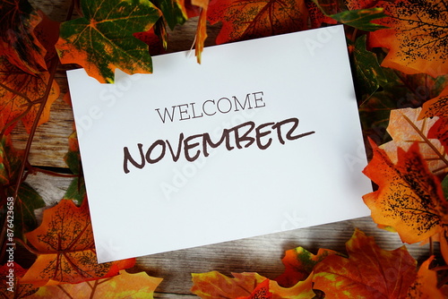 Welcome November text with maple leaf decotion top view on wooden background photo