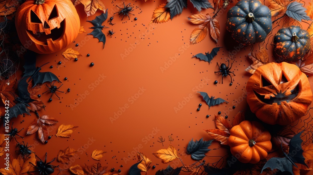 Halloween Flat Lay with Pumpkins, Spiders, and Autumn Leaves on Orange Background. Halloween Flat Lay with Pumpkins, Spiders, and Autumn Leaves on Orange Background.