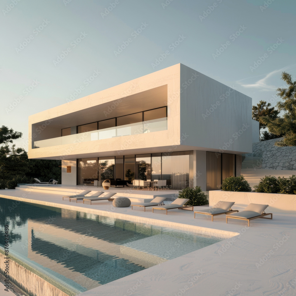 Fototapeta premium A large white house with a pool and a patio. The house is surrounded by trees and has a modern design