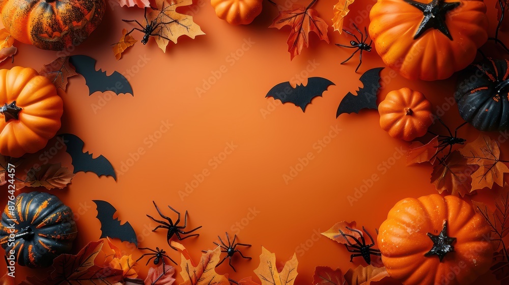 Halloween Flat Lay with Pumpkins, Spiders, and Autumn Leaves on Orange Background. Halloween Flat Lay with Pumpkins, Spiders, and Autumn Leaves on Orange Background.