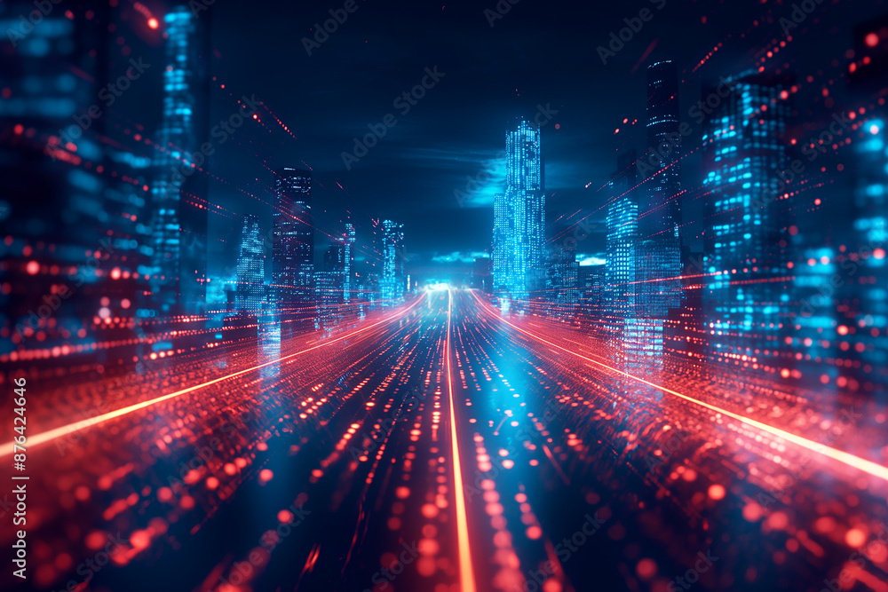 Obraz premium Future metropolis with glowing cybernetic highways and digital data connections in a vibrant cityscape