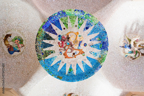 Tile-shard mosaics on the ceiling of Hypostyle Room at Park Guell, Barcelona in Spain photo