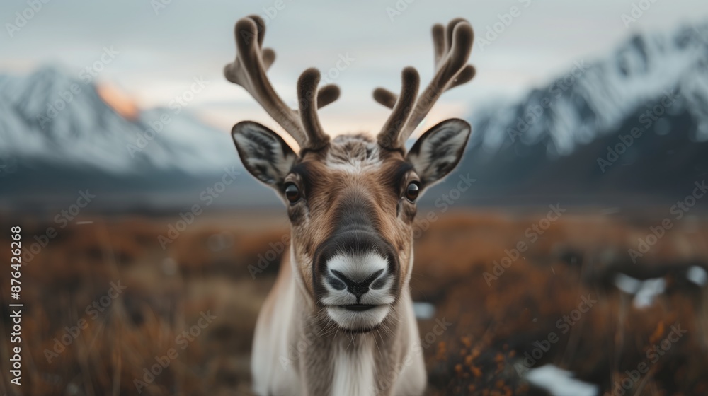 A caribou stares intently at the camera as it grazes in the Alaskan wilderness A caribou stares intently at the camera as it grazes in the Alaskan wilderness