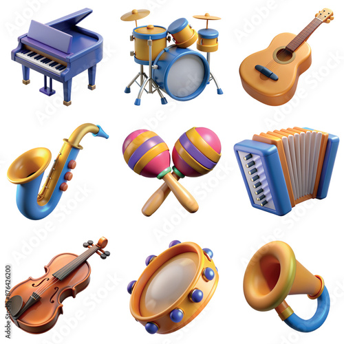Set of musical instruments 3d icons including guitar, piano, drums, maracas, accordion, saxophone, tambourine, violin