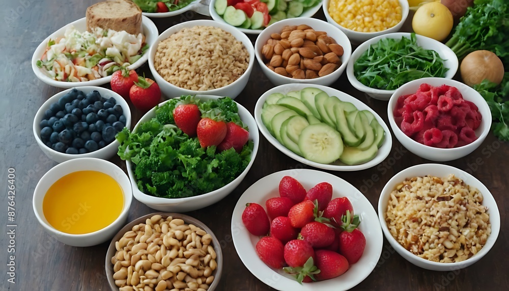 vibrant assortment of fresh fruits and vegetables on a wooden table. The different colors, shapes, and sizes of the produce create a visually appealing composition. vibrant assortment of fresh fruits and vegetables on a wooden table. The different colors, shapes, and sizes of the produce create a visually appealing composition.