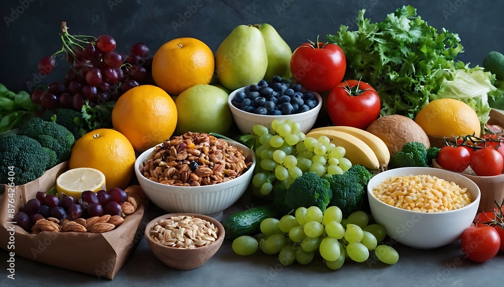 vibrant assortment of fresh fruits and vegetables on a wooden table. The different colors, shapes, and sizes of the produce create a visually appealing composition. vibrant assortment of fresh fruits and vegetables on a wooden table. The different colors, shapes, and sizes of the produce create a visually appealing composition.