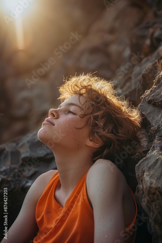 Portrait of a Contemplative Boy Bathed in Warm Sunlight photo