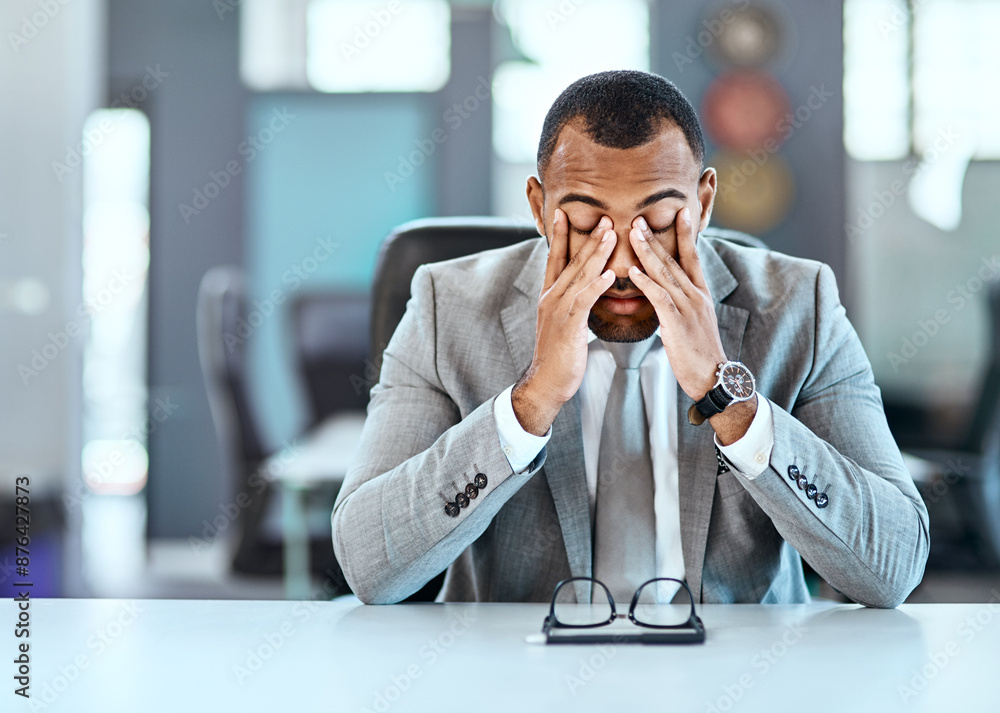 Businessman, tired and stress in office with headache for burnout, audit fail and company bankruptcy. Financial advisor, fatigue and migraine pain for working overtime, startup problem and tax debt Businessman, tired and stress in office with headache for burnout, audit fail and company bankruptcy. Financial advisor, fatigue and migraine pain for working overtime, startup problem and tax debt