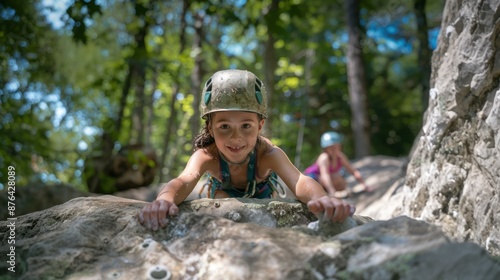 Young girl rock climbing on a challenging rock face with a friend in the background photo