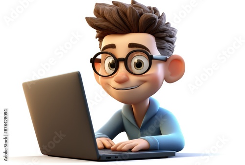 3D illustration of a man with glasses using a laptop, isolated on white background