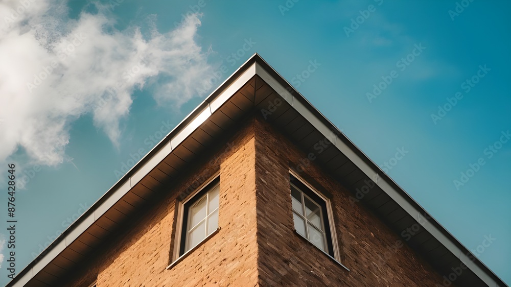 Aerial view of a modern house, showcasing its upper part and the roof from a metal profile Aerial view of a modern house, showcasing its upper part and the roof from a metal profile