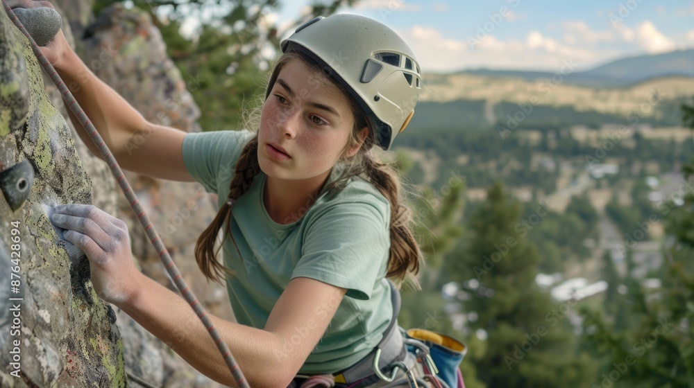 Determined Young Rock Climber Scales Rocky Mountain Face Determined Young Rock Climber Scales Rocky Mountain Face
