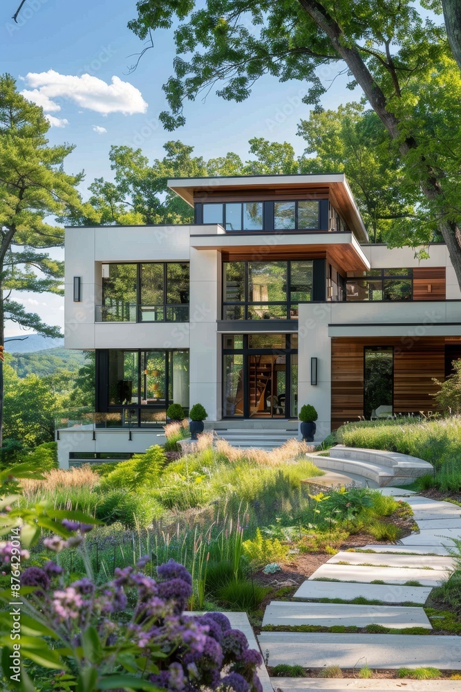 Modern home with white walls, wood paneling, and expansive windows overlooking mountains Modern home with white walls, wood paneling, and expansive windows overlooking mountains