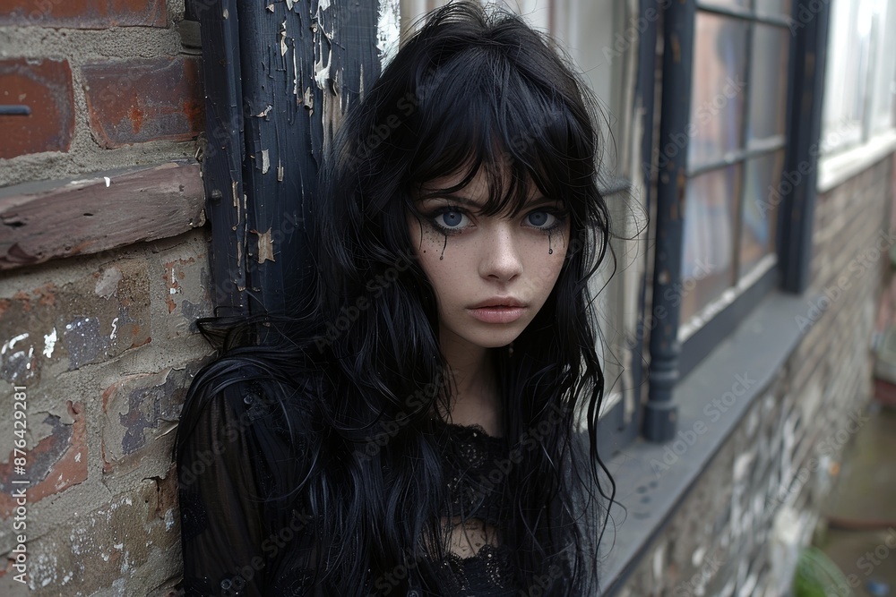 Fototapeta premium Gothic emo woman with dark hair and dramatic makeup standing by old building