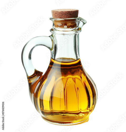 Glass jug of cooking oil on isolated transparent background